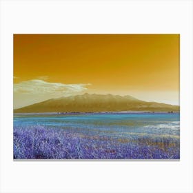 Yellow Mt Blanca over Lake of Blue Flowers Canvas Print