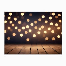 A Dark Background With A Wooden Surface In The Foreground And Blurred, Golden Lights In The Background, Creating A Warm And Inviting Backdrop Canvas Print