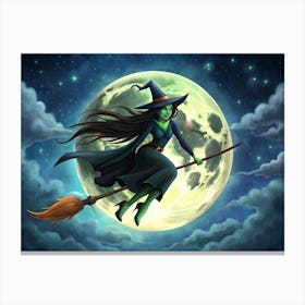 Green Witch Flying On A Broom Against A Full Moon And Starry Sky Canvas Print