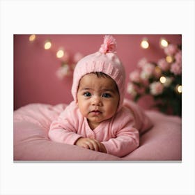 Baby Girl Laying On Pink Blanket Canvas Print