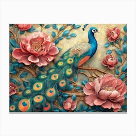 Leather Base Combines Bright Color Floral With Exotic Oriental Pattern Flowers And Peacocks Canvas Print