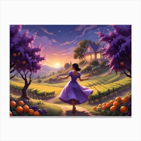 Woman Walking Toward A House On A Hillside With A Book Opening Behind Her 5 Canvas Print