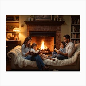 Cozy Room Interior In A Norman Rockwell Painting Style Family Of Four Engaged In A Shared Reading M (5) Canvas Print