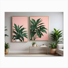 A Modern Living Room Interior Featuring A Light Grey Wall With Two Framed Prints Of Tropical Plants Against A Pink Background Canvas Print