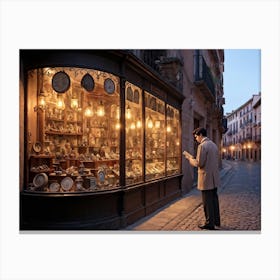 Vintage Inspired Illustration Of A Young Spanish Man Examining An Array Of Old World Trinkets In A S Canvas Print