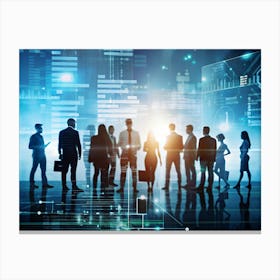 Silhouettes Of Businesspeople Standing Against A Futuristic Cityscape Background With Holographic Graphs, Charts, And Data Visualizations Canvas Print