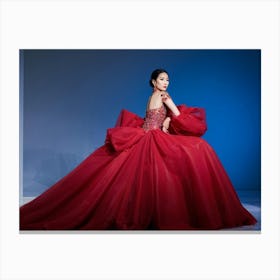 Asian Woman Posing Effortlessly In Haute Couture High Fashion Runway Walk Lavish Fabrics Cascading (5) Canvas Print