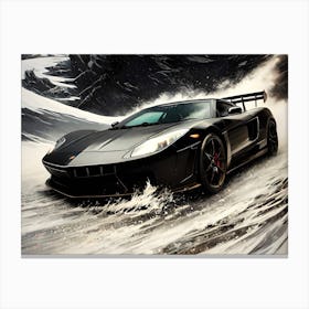 Black Sports Car Driving Through Snow Canvas Print