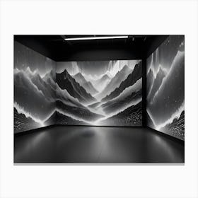 An Empty, Futuristic Room With Three Large Screens Displaying A Digital Artwork Of A Mountain Range With A River Flowing Through It Canvas Print