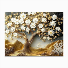 3d Golden Tree with White Flowers 1 Canvas Print