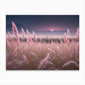 Soft Pink Grass Swaying Gently In The Wind Against A Background Of A Soft Pink Sunset And Mountains Canvas Print