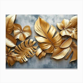 Gold Floral Plants And Palm Leaves Art, 3d Illustration, Grey Background, Abstract Tropical Leaves, Banana Canvas Print