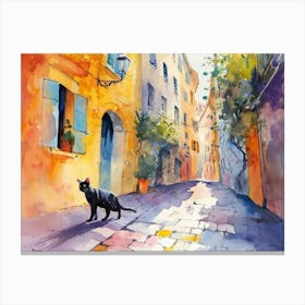 Nice, France   Cat In Street Art Watercolour Painting 1 Canvas Print