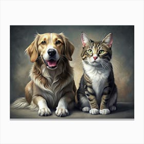 Golden Retriever Dog And Tabby Cat Sitting Together Canvas Print