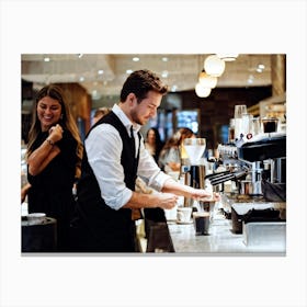 Barista Focused On Pouring Water Into A Step By Step Dripper Amid The Bustling Ambiance Of A Busy C (3) Canvas Print