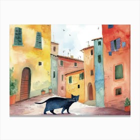 Black Cat In Siena, Italy, Street Art Watercolour Painting 1 Canvas Print