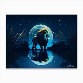 A Male Lion At Full Moon Night By The Water Minimal Color Art Paintimg Canvas Print