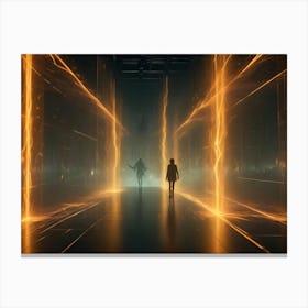 An Illustration Of Two Figures Walking Through A Dark, Futuristic Corridor Lined With Glowing Orange Lines Canvas Print