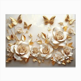 3d Golden Roses on A 3d Background and Golden Canvas Print