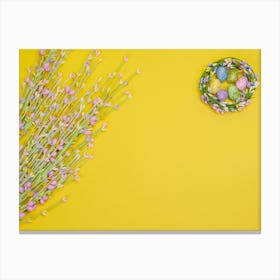 Easter Eggs On Yellow Background Canvas Print