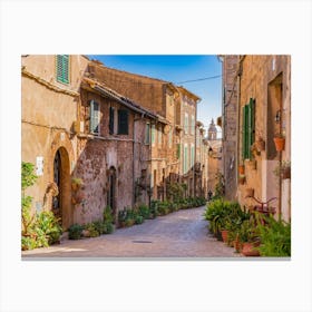 Majorca Spain, plant street in the old village Valldemossa. Explore the historic village of Valldemossa in Majorca, Spain and wander through its charming streets adorned with lush greenery. Admire the rustic architecture and ancient walls, while soaking up the Mediterranean culture and sunny weather. Canvas Print