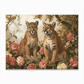 Floral Animal Illustration Cougar 3 Canvas Print