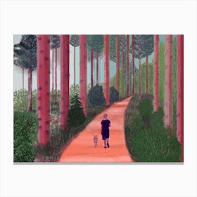 Walk In The Forest A Boy And A Dog Walk Along A Forest Road 1 Canvas Print