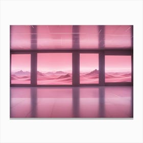 A Modern Room With Large Windows Showcasing A Pink Desert Landscape With A Pink Glow, Creating A Surreal And Futuristic Atmosphere Canvas Print