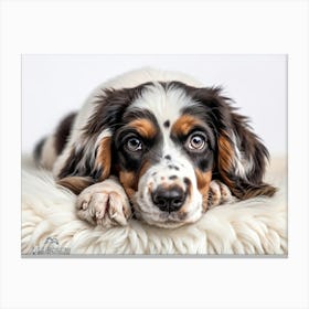 English Spaniel Puppy Lying On Soft White Fur In A Closeup Portrait Adorned With A Gold Collarcol 2 1 Leinwandbild