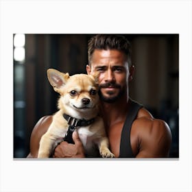 Bodybuilder holding cute Chihuahua dog 1 Canvas Print