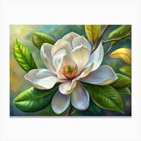 White Magnolia Flower With Green Leaves Canvas Print