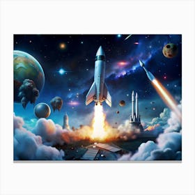 Spaceship Launching Into Space With Planets And Galaxies Canvas Print