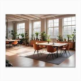 Interior Design Of A Modern, Minimalist Office Space Featuring A Large Table With Orange Chairs, Multiple Plants, And Large Windows Providing Natural Light Canvas Print