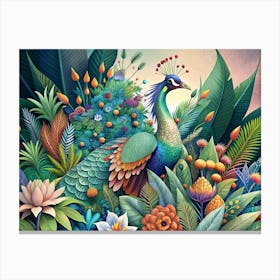 Peacock Standing In A Lush Tropical Garden Canvas Print