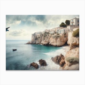 Seagulls Flying Over Mediterranean Cliffs Canvas Print