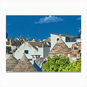 Trulli Rooftops in Italy. The image showcases a picturesque view of traditional Trulli houses in a small Italian town. The Trulli, characterized by their distinctive conical roofs made of dry-stone, are painted in a warm, earthy palette of browns and tans. The whitewashed walls of the houses contrast beautifully with the vibrant green foliage of a tree in the foreground. Canvas Print