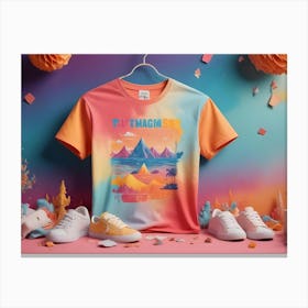 Photo Of A T Shirt With A Graphic Design Of Mountains And A Sunset With A Colorful, Abstract Design Canvas Print