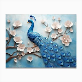 3d Background Blue Peacock on Branch 1 Canvas Print