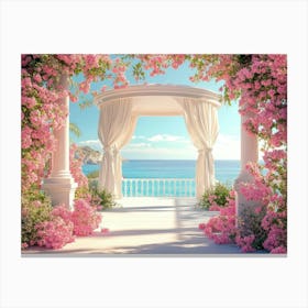 Artistic Depiction Of Stunning Seascapes Featuring A White Gazebo Surrounded By Pink Flowers And Beige Canvas Print