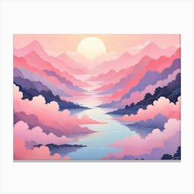 A Vibrant And Colorful Landscape Of Mountains And A River, With A Large Sun And Pink Clouds, Creating A Whimsical And Dreamy Atmosphere Canvas Print