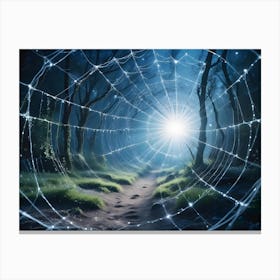 Mystical Forest Path At Night With A Large Spider Web In The Foreground And A Bright Light Source Shining Through The Trees Canvas Print