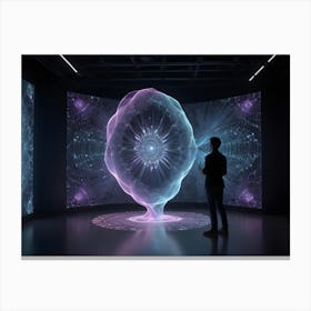 A Man Stands In A Dark Room Illuminated By Large Screens Displaying Intricate, Glowing Patterns And A Central Holographic Orb Canvas Print