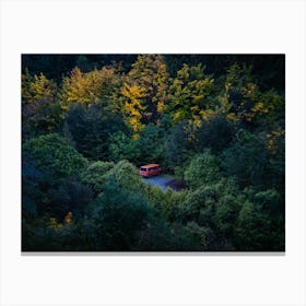 Lonely Red Campervan In The Trees Canvas Print