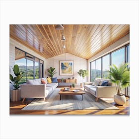 Modern Living Room With Large Windows And Plants Canvas Print