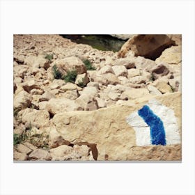 Hiking Trail Marker Painted On A Stone In Rocky Desert Area Canvas Print