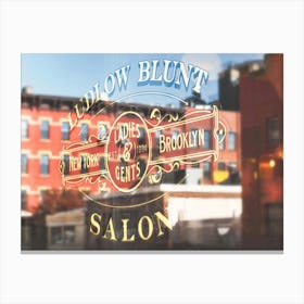 New York, USA I NYC skyline photography in window reflection from the barber shop to retro vintage gold graphic design typography with Brooklyn's red brick architecture for an abstract photographic composition Canvas Print