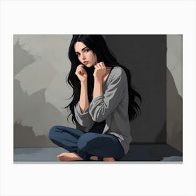 Young Woman With Long Black Hair Sitting On Floor Canvas Print