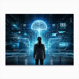 Abstract Cyber Concept Art Featuring A Human Brain At The Center Of Innovation Connected With Futur Canvas Print