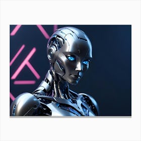 A Close Up Portrait Of A Female Robot With Silver Metallic Skin And Glowing Blue Eyes, Creating A Futuristic And Elegant Aesthetic Canvas Print