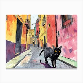 Black Cat In Napoli, Italy, Street Art Watercolour Painting 3 Canvas Print